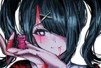 1girl ame-chan_(needy_girl_overdose) black_hair blood blood_from_forehead blood_from_mouth blood_on_face blush closed_mouth commentary_request diagonal_bangs dress hair_ornament hair_over_one_eye hands_up heart heart-shaped_pupils highres implied_self-harm medium_hair needy_girl_overdose one_eye_covered own_hands_together pien_cat_(needy_girl_overdose) portrait purple_eyes red_dress red_nails smile string string_around_finger string_of_fate symbol-shaped_pupils twintails white_background x_hair_ornament x_x_(batttsu_404)