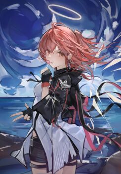 1girl absurdres arknights black_gloves black_jacket black_shorts breasts candy detached_wings energy_wings exusiai_(arknights) exusiai_the_new_covenant_(arknights) fingerless_gloves food gloves halo highres holding holding_candy holding_food holding_lollipop jacket lollipop looking_at_viewer medium_hair meihina one_side_up orange_eyes red_hair shirt shorts smile solo thigh_strap traditional_halo white_shirt wings