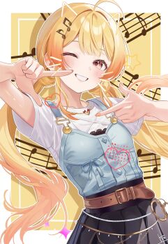 Rule 34 | 1girl, absurdres, ahoge, belt, black skirt, border, brown belt, clenched teeth, commentary, english commentary, fortissimo, hair ornament, highres, hololive, hololive dev is, long hair, looking at viewer, musical note, musical note hair ornament, one eye closed, otonose kanade, pleated skirt, red eyes, shirt, short sleeves, skirt, smile, solo, t-shirt, teeth, twintails, uekana9, virtual youtuber, white border, white shirt