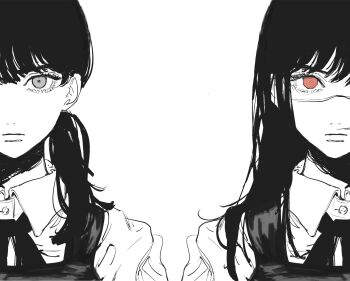 2girls chainsaw_man closed_mouth collared_shirt dress expressionless facial_scar fourth_east_high_school_uniform highres long_hair low_twintails mitaka_asa multiple_girls neck_ribbon needbee_r pinafore_dress red_eyes ribbon ringed_eyes scar scar_on_cheek scar_on_face scar_on_nose school_uniform shirt sleeveless sleeveless_dress spot_color twintails yoru_(chainsaw_man)