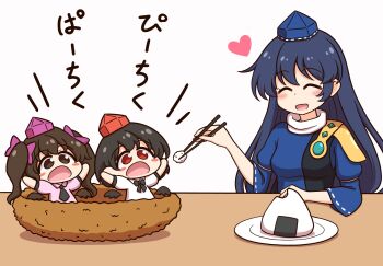 Rule 34 | 3girls, armor, bird nest, black bow, black bowtie, black hair, black wings, blue dress, blue hair, blue hat, blush, blush stickers, bow, bowtie, brown eyes, brown hair, chibi, chopsticks, closed eyes, commentary request, dress, feeding, food, hat, heart, highres, himekaidou hatate, holding, holding chopsticks, iizunamaru megumu, long hair, long sleeves, multiple girls, onigiri, open mouth, pauldrons, pink hat, pink shirt, plate, red eyes, ribbon-trimmed sleeves, ribbon trim, shameimaru aya, shirt, shitacemayo, shoulder armor, shoulder guard, simple background, single pauldron, smile, tokin hat, touhou, translation request, twintails, white background, white shirt, wide sleeves, wings