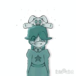 1girl ^^^ animated annie_(skullgirls) avoocat braid eyepatch green_hair grin juliet_sleeves long_sleeves monochrome puffy_sleeves sagan_(skullgirls) skullgirls smile solo stuffed_animal stuffed_rabbit stuffed_toy tagme twin_braids unfinished video