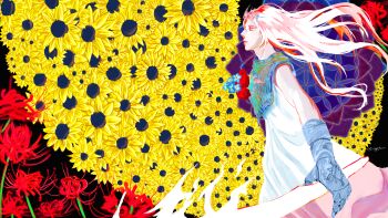 Rule 34 | 1girl, absurdres, armor, blue gloves, breastplate, chrysanthemum, commentary, crown, dress, english commentary, floating hair, flower, foreshortening, forget-me-not (flower), from side, gloves, grey eyes, highres, holding, holding weapon, long hair, looking to the side, nephis (shadow slave), outstretched arm, parted lips, serious, shadow slave, solo, spider lily, sunflower, too many flowers, weapon, white dress, white hair