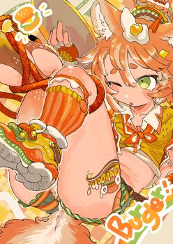 absurdres animal_ears ass ass_freckles body_freckles burger dog_ears dog_tail egg_(food) food freckles green_eyes green_nails highres kneehighs midriff original shima_(wansyon144) shoelaces shoes single_kneehigh single_sock sneakers socks tail tattoo