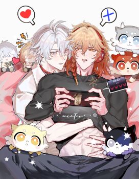 Rule 34 | 2boys, abs, absurdres, antenna hair, black pants, black shirt, blonde hair, blue eyes, blush, braid, character doll, chimera (honkai: star rail), chinese commentary, choker, clothes lift, collared shirt, commentary request, doll, facial tattoo, gradient hair, highres, honkai: star rail, honkai (series), hug, hug from behind, male focus, medium hair, multicolored hair, multiple boys, mydei (fig stew) (honkai: star rail), mydei (honkai: star rail), pants, parted bangs, phainon (honkai: star rail), phainon (vigethos) (honkai: star rail), qing620829, red choker, red hair, red tattoo, shirt, shirt lift, short hair, side braid, tattoo, toned, toned male, white hair, white shirt, yaoi, yellow eyes