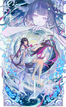 1girl absurdres bird black_hair closed_eyes closed_mouth columbina_(genshin_impact) commentary dress eye_mask genshin_impact head_wings highres light_smile long_hair mask miothle multicolored_hair multiple_views purple_eyes purple_hair sitting two-tone_hair very_long_hair white_bird white_dress wings