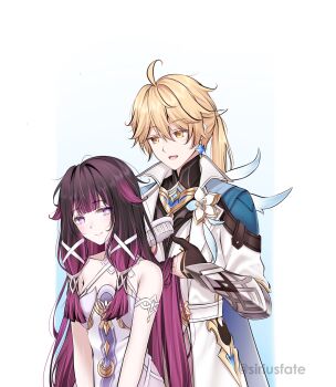 1boy 1girl aether_(as_heaven_and_earth_are_made_anew)_(genshin_impact) aether_(genshin_impact) ahoge arm_armor bare_shoulders black_gloves black_hair black_shirt blonde_hair bright_pupils brushing_another's_hair brushing_hair closed_mouth coat columbina_(genshin_impact) commentary dress earrings flower genshin_impact gloves hair_between_eyes hair_brush hair_ribbon highres holding_another's_hair jewelry light_blush long_hair long_sleeves looking_at_another mandarin_collar multicolored_hair official_alternate_costume official_alternate_hairstyle open_mouth partially_fingerless_gloves ponytail purple_eyes purple_hair ravinca ribbon shirt simple_background smile star_(symbol) star_earrings symbol-only_commentary twitter_username two-tone_hair very_long_hair white_background white_coat white_dress white_flower white_pupils white_ribbon yellow_eyes