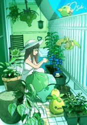 1girl animated berry_(pokemon) blush bulbasaur chair dress flapple flower flower_pot gen_1_pokemon gen_2_pokemon gen_4_pokemon gen_8_pokemon hat natu nintendo oshiruko_(oshiruko_s2) plant pokemon potted_plant slice_of_life smile smoliv sprigatito squatting sun_hat sunlight tile_floor tiles video vine watering_can white_dress wormadam wormadam_(plant)