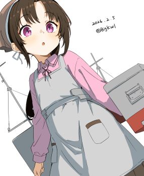 Rule 34 | 1girl, :o, absurdres, apron, bigkwl, black ribbon, blush, brown hair, brown headscarf, collared shirt, commentary, cowboy shot, dated, dated commentary, grey apron, headscarf, highres, kantai collection, long sleeves, looking at viewer, nankai (kancolle), neck ribbon, one-hour drawing challenge, open mouth, pink eyes, pink shirt, ribbon, shirt, short hair, simple background, solo, twitter username, white background