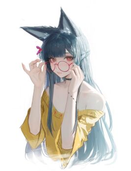Rule 34 | 1girl, animal ear fluff, animal ears, bare shoulders, black choker, black hair, braid, choker, closed mouth, commentary, cropped torso, english commentary, fox ears, fox girl, glasses, half up braid, highres, hoshimi miyabi, long hair, looking at viewer, loose clothes, loose shirt, neo (neorarty3), off-shoulder shirt, off shoulder, red-framed eyewear, red eyes, round eyewear, shirt, simple background, solo, upper body, white background, wide sleeves, yellow shirt, zenless zone zero