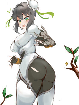 1girl arm_guards ass black_bodysuit black_gloves black_hair blush bodysuit bracer branch breasts bun_cover double_bun elbow_gloves fate/grand_order fate_(series) fingerless_gloves gloves green_eyes green_ribbon hair_bun hair_ribbon highres jewelry large_breasts looking_at_viewer looking_back medium_hair neck_ring open_mouth qin_liangyu_(fate) ribbon sidelocks silver_trim solo thighs torn_clothes toru_(fkzw8222) white_bodysuit