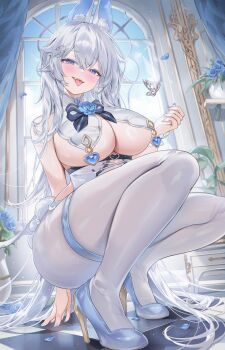 1girl absurdres animal_ear_fluff animal_ears bare_shoulders black_bow black_bowtie blue_eyes blue_flower blue_nails blue_petals blue_rose blue_shoes bow bowtie breast_curtains breasts bug butterfly center_opening checkered_floor cleavage commentary commentary_request english_commentary fingernails flower hair_between_eyes hair_ornament high_heels highres indoors insect kemonomimi_mode large_breasts long_fingernails long_hair looking_at_viewer machi_(machi0910) machi_(machi0910)_(person) mixed-language_commentary mole mole_on_breast nail_polish no_bra original pantyhose rabbit_ears rabbit_girl rose shoes smile solo squatting tongue tongue_out very_long_hair white_butterfly white_hair white_pantyhose