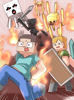1boy 1girl :o alex_(minecraft) black_eyes blaze_(minecraft) blonde_hair blue_eyes blue_pants brown_hair brown_pants burning_clothes creature fighting_stance fire flying ghast green_eyes green_shirt grey_footwear holding holding_shield holding_sword holding_weapon blue_shirt minecraft minecraft_shield minecraft_sword monster motion_lines open_mouth orange_hair pants raihachi red_eyes shield shirt short_hair side_ponytail skeleton steve_(minecraft) surprised sweat sword t-shirt tears tentacles the_nether_(minecraft) undead weapon wither_skeleton_(minecraft)