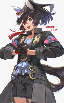 1girl absurdres animal_ears black_coat black_gloves black_hair black_jacket black_shorts blue_eyes blue_shirt bojue_(hakus_1128) coat commentary ear_covers gloves hair_between_eyes hair_ornament highres horse_ears horse_girl horse_tail jacket katsuragi_ace_(dragon_rising_to_the_top)_(umamusume) katsuragi_ace_(umamusume) long_hair long_sleeves looking_at_viewer multicolored_hair open_clothes open_coat open_mouth ponytail shirt shorts simple_background smile solo streaked_hair symbol-only_commentary tail tassel tassel_hair_ornament teeth two-tone_gloves umamusume upper_teeth_only white_hair