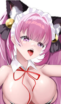 1girl absurdres animal_ears azur_lane bell black_ribbon breasts cat_ears commentary_request cross-shaped_pupils detached_collar fake_animal_ears fang hair_bell hair_ornament hair_ribbon highres large_breasts maid_headdress mismatched_pupils official_alternate_costume open_mouth pasadena_(azur_lane) pasadena_(surprising_game)_(azur_lane) pink_hair purple_eyes ribbon simple_background skindentation solo symbol-shaped_pupils tongue tongue_out twintails upper_body white_background wushi8422