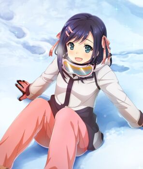 Rule 34 | 1girl, :d, arm support, blue eyes, breath, feet out of frame, footprints, game cg, gloves, goggles, goggles around neck, hair ornament, hair ribbon, hairclip, jacket, knees up, long hair, long sleeves, looking at viewer, official art, on ground, open mouth, outdoors, pants, pink gloves, pink pants, plaid ribbon, purple hair, ribbon, sidelocks, sitting, ski goggles, smile, snow, solo, sparkle, subara rika, third-party source, toji no miko, toji no miko: kizamishi issen no tomoshibi, white jacket, winter clothes