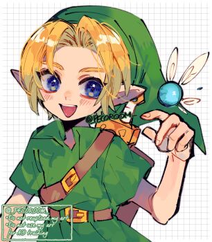 1boy 1girl belt blonde_hair blue_eyes commentary_request green_hat hat link looking_at_viewer male_focus navi nintendo pointy_ears repikinoko short_hair solo the_legend_of_zelda the_legend_of_zelda:_ocarina_of_time tunic young_link