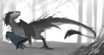 animal_focus dinosaur dynamic_pose fangs feathered_arms feathered_dinosaur feathers fog full_body glowing glowing_eyes grey_feathers haskiens no_humans open_mouth original raptor reference_sheet sharp_teeth simple_background smoke solo tail teeth utahraptor velociraptor white_eyes