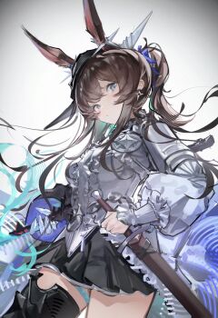 Rule 34 | 1girl, absurdres, amiya (arknights), amiya (guard) (arknights), amiya (guard) (in a myriad of universes) (arknights), animal ears, arknights, armor, black skirt, black thighhighs, blue eyes, brown hair, commentary, cowboy shot, earrings, gauntlets, grey background, grey shirt, highres, jewelry, long hair, long sleeves, looking at viewer, meihina, miniskirt, official alternate costume, sheath, sheathed, shirt, single gauntlet, single thighhigh, skirt, solo, standing, sword, thighhighs, weapon