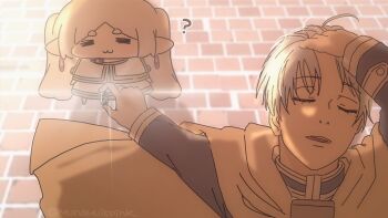 1boy 1girl :3 ? adjusting_hair blue_hair capelet chibi cloak closed_eyes earrings elf frieren hair_slicked_back hand_in_own_hair hand_on_own_head himmel_(sousou_no_frieren) holding holding_jewelry holding_ring jewelry meme naoya_hitting_choso_without_looking_(meme) pointy_ears ring sousou_no_frieren sunset teardrop_earrings twintails white_capelet white_cloak yunayuispink