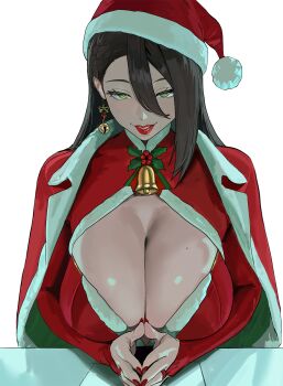 1girl bell bell_earrings breasts christmas cleavage cleavage_cutout clothing_cutout earrings fur-trimmed_headwear fur_trim green_eyes hair_between_eyes hat highres hintobento jacket jacket_on_shoulders jewelry large_breasts long_hair long_hair_between_eyes mixed-language_commentary mole mole_on_breast nail_polish own_hands_together red_hat red_jacket red_lips red_nails santa_costume santa_hat sarah_floren simple_background single_earring smile solo white_background zenless_zone_zero
