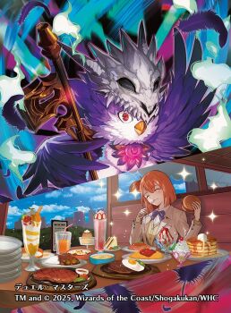 1girl bird blue_sky bow bowtie brown_hair brown_jacket brown_vest burger closed_eyes cloud cloudy_sky copyright_notice cup curry curry_rice drinking_glass drinking_straw duel_masters duel_masters_lost feathers food fried_egg hair_ornament hamburger_steak holding holding_food holding_spoon indoors jacket juice katori_niika moreshan napolitan official_art omelet one_side_up orange_juice pancake pancake_stack plate pudding purple_bird purple_bow purple_bowtie restaurant rice sandwich school_uniform shirt sitting sizzler_plate skull_hair_ornament sky sparkle split_screen spoon sweets table utensil_in_mouth vest white_shirt window