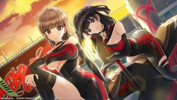 2girls ass asymmetrical_clothes asymmetrical_legwear bare_shoulders black_bodysuit black_choker black_hair blunt_bangs bodysuit breasts brown_hair choker cleavage cleavage_cutout closed_mouth clothing_cutout cloud copyright_notice detached_sleeves dolphin_wave dutch_angle ear_piercing earrings feather_earrings feathers hand_on_own_face hand_on_own_knee hanihara_haru highres jet_ski jewelry kamie_tsugumi large_breasts leg_up looking_at_viewer marvelous multiple_girls official_art piercing purple_eyes purple_nails purple_streaks red_eyes red_nails short_hair single_thighhigh sitting smile stud_earrings sunset thighhighs underboob underboob_cutout watercraft