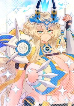 1girl armor barghest_(fate) barghest_(third_ascension)_(fate) belt blonde_hair blue_eyes breasts cleavage crown fate/grand_order fate_(series) female_focus green_eyes headgear heterochromia horns huge_breasts looking_at_viewer navel polka_dot shoulder_armor smile solo souki3123 white_background