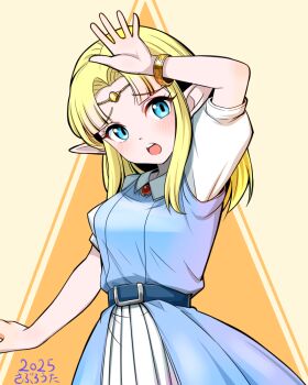 1girl 2025 alternate_costume belt blonde_hair blue_belt blue_dress blue_eyes blush commentary_request dated dress jewelry long_hair nintendo open_mouth pointy_ears princess_zelda saburouta_(hox-666) solo teeth the_legend_of_zelda the_legend_of_zelda:_a_link_to_the_past upper_teeth_only
