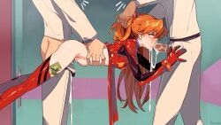 1girl 2boys adapted_costume aseiusx breasts commentary cum cum_in_mouth cum_overflow double_penetration elevator english_commentary fellatio gloves group_sex hetero mecha_pilot_suit mmf_threesome money multiple_boys neon_genesis_evangelion oral orange_hair penis plugsuit_(evangelion) prostitution red_gloves rolling_eyes sex small_breasts souryuu_asuka_langley spitroast stomach_bulge threesome tucked_money twintails