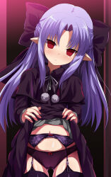 Rule 34 | 1girl, absurdres, black dress, black panties, black thighhighs, blue hair, blush, bow, cameltoe, clothes lift, dress, dress lift, empty eyes, expressionless, garter belt, hair bow, highres, len (tsukihime), lifted by self, long hair, melty blood, navel, panties, pointy ears, red eyes, ribbon, shimejinameko, solo, thigh gap, thighhighs, tsukihime, underwear