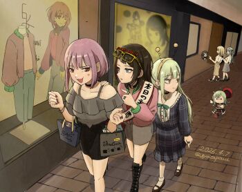 Rule 34 | antennae, aqua hair, ave mujica (bang dream!), bag, bang dream!, bang dream! it's mygo!!!!!, birthday glasses, black boots, black choker, black hair, black shoes, black skirt, blonde hair, blue dress, blue eyes, boots, bracelet, breasts, brown shoes, brown skirt, choker, collarbone, dated, dress, fake antennae, fingernails, green hair, grey shirt, grey skirt, gyozapouch, hairband, handbag, happy birthday, hat, highres, jewelry, large breasts, long hair, long sleeves, mary janes, medium breasts, misumi uika, mortis (bang dream!), mortis (persona) (bang dream!), nail polish, open mouth, outdoors, pencil skirt, pink sweater, plaid clothes, plaid dress, pointing, purple hair, red eyes, red hat, ring, shirt, shoes, short hair, skirt, socks, stuffed toy, sweater, togawa sakiko, twintails, wakaba mutsumi, wakaba mutsumi (doll), walking, white socks, window, yahata umiri, yellow-framed eyewear, yuutenji nyamu