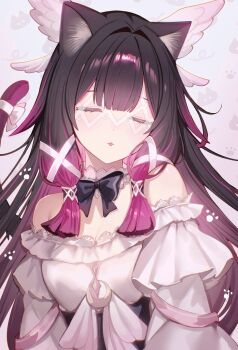 1girl adapted_costume animal_ear_fluff animal_ears bare_shoulders black_bow black_bowtie black_hair bow bowtie breasts cat_ears cat_tail cleavage closed_eyes closed_mouth columbina_(genshin_impact) commentary dress genshin_impact hair_ornament highres kemonomimi_mode long_hair long_sidelocks mocchiri290 multicolored_hair off-shoulder_dress off_shoulder purple_hair sidelocks solo tail tongue tongue_out very_long_hair wing_hair_ornament