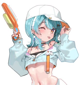 1girl aqua_hair aqua_jacket bare_shoulders baseball_cap commentary_request crop_top cropped_jacket earrings hat holding holding_water_gun jacket jewelry kanzarin looking_at_viewer midriff navel off_shoulder shiranami_ramune solo stomach tongue tongue_out upper_body virtual_youtuber vspo! water_gun white_hat