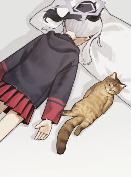 1girl 1other absurdres black_hair black_jacket blue_archive brown_fur cat commentary demon_horns grey_halo halo highres horns jacket kayoko_(blue_archive) lying multicolored_hair on_bed on_stomach pleated_skirt ponytail red_skirt skirt white_hair yoon_cook