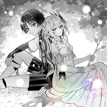 1boy 1girl aged_up arm_on_knee armlet armor back-to-back blunt_ends bodysuit bow bracelet braid branch breasts bridal_gauntlets caramelo_game cleavage closed_mouth commentary_request cosplay cross-shaped_pupils crossed_bangs detached_sleeves dress feathers gem genshin_impact hair_between_eyes hakama hakama_shorts highres holding holding_branch japanese_armor japanese_clothes jewelry kimono knee_up kote layered_sleeves leg_warmers long_dress long_hair looking_at_viewer mandarin_collar medium_breasts middle_ring nahida_(genshin_impact) neck_ring open_hand pleated_shorts pom_pom_(clothes) rukkhadevata_(genshin_impact) rukkhadevata_(genshin_impact)_(cosplay) scaramouche_(genshin_impact) short_sleeves shorts side_braid side_cape sitting smile strapless strapless_dress symbol-shaped_pupils tassel tsurime twig vision_(genshin_impact) wanderer_(genshin_impact) wispy_bangs