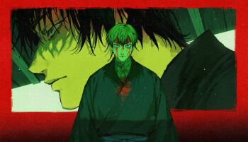 Rule 34 | 2boys, black hair, blonde hair, border, closed mouth, colored tips, commentary request, fushiguro touji, hair between eyes, highres, japanese clothes, jshdirk, jujutsu kaisen, male focus, multicolored hair, multiple boys, outside border, red border, short hair, two-tone hair, upper body, zen'in naoya