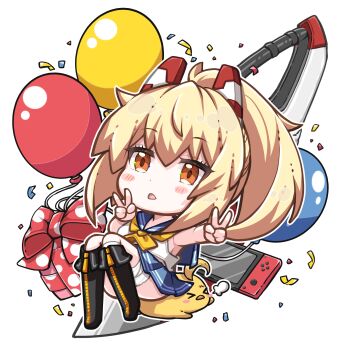 &gt;_&lt; absurdres ascot ayanami_(azur_lane) azur_lane baby_animal balloon bare_shoulders bird black_boots blonde_hair blue_skirt blush boots bow chestnut_mouth chibi chibi_only chick commentary commentary_request commission confetti double_v english_commentary full_body gift hair_between_eyes headgear high_ponytail highres long_hair looking_at_viewer manjuu_(azur_lane) manjuu_abuse_(azur_lane) mikuchi3939 mixed-language_commentary neckerchief nintendo_switch open_mouth orange_eyes pleated_skirt polka_dot polka_dot_bow ponytail puff_of_air sailor_collar school_uniform serafuku shirt sidelocks simple_background sitting sitting_on_animal skeb_commission skirt v white_background yellow_neckerchief
