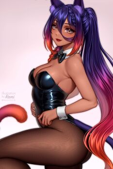 Rule 34 | 1girl, absurdres, animal ear fluff, animal ears, bare shoulders, black bow, black bowtie, black leotard, black pantyhose, bow, bowtie, breasts, cleavage, closed mouth, collar, commentary, commission, dark-skinned female, dark skin, depressrami, detached collar, grey eyes, hair between eyes, highleg, highleg leotard, highres, leg up, leotard, lips, long hair, looking at viewer, medium breasts, multicolored hair, multicolored tail, original, pantyhose, purple hair, purple tail, red hair, red tail, solo, strapless, strapless leotard, tail, very long hair, white collar, ych commission