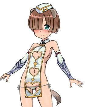 1girl animal_ears blue_eyes blush breasts brown_hair cameltoe cleavage cleavage_cutout closed_mouth clothing_cutout cosplay cyber_(cyber_knight) hair_over_one_eye hat heart_cutout highres joanna_elizabeth_stafford luminous_witches navel navel_cutout panties short_hair side-tie_panties small_breasts smile solo squirrel_ears squirrel_girl squirrel_tail tail underwear white_panties world_witches_series