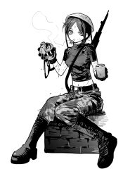 Rule 34 | 1girl, belt, boots, breasts, camouflage, camouflage pants, canteen, cigarette, commentary request, cropped shirt, cup, dirty, dirty face, full body, greyscale, gun, gun on back, helmet, highres, holding, holding canteen, holding cup, jihecchi, knee boots, knees together feet apart, korean commentary, looking at viewer, medium breasts, monochrome, mouth hold, original, pants, parted bangs, scratches, short hair, short sleeves, shoulder strap, simple background, sitting, sitting on object, smoking, soldier, solo, sweat, water, weapon, weapon on back