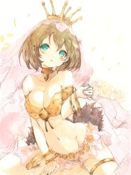 Rule 34 | 1girl, armlet, bangle, bare shoulders, bracelet, breasts, brown hair, choker, cleavage, crown, green eyes, highres, jewelry, kakuwashi, large breasts, looking at viewer, refrain no chika meikyuu to majo no ryodan, revealing clothes, short hair, sitting, solo, theatrical star, thighlet