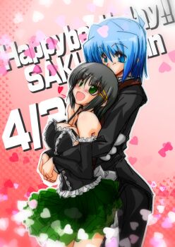 1boy 1girl aizawa_sakuya anzai_satsuki arms_under_breasts ayasaki_hayate bare_shoulders birthday blue_eyes blue_hair blush breasts cleavage collarbone dress elbow_gloves formal_clothes from_behind gloves green_eyes grey_hair hair_ornament hayate_no_gotoku! highres hug hug_from_behind large_breasts short_hair simple_background skirt smile suit