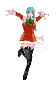 1girl absurdres black_boots blue_eyes blue_hair boots bow breasts christmas commentary_request detached_sleeves double_v dress full_body green_bow high_heel_boots high_heels highres kantai_collection large_breasts long_hair looking_at_viewer ojipon open_mouth red_dress simple_background solo suzuya_(christmas)_(kancolle) suzuya_(kancolle) thigh_boots v watermark white_background
