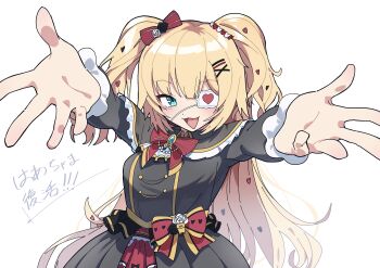 1girl absurdres akai_haato akai_haato_(gothic_lolita) black_dress blonde_hair blue_eyes blush bow dress eyepatch gothic_lolita hair_bow hair_ornament hairpin hanten_(hantennano) heart heart_eyepatch heart_hair_ornament highres hololive lolita_fashion long_hair looking_at_viewer official_alternate_costume open_mouth outstretched_hand red_bow smile twintails virtual_youtuber white_background x_hair_ornament