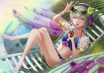 1girl absurdres ahoge commentary_request eyewear_on_head hairband heaven_burns_red highres innertube looking_at_viewer minase_sumomo psy_(artist) short_hair sitting swim_ring swimsuit