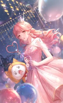 Rule 34 | 1girl, ahoge, animal, artist request, balloon, bare shoulders, bow, bowtie, brooch, brown eyes, card (medium), cat, cloak, clothed animal, cowboy shot, crown, dot nose, dress, ear covers, earrings, eyelashes, fireworks print, floating hair, furrowed brow, game cg, heart, heart brooch, heart wand, heartwarming flame (shining nikki), highres, holding, holding wand, hood, hood up, hooded cloak, jewelry, lamppost, long hair, mini crown, momo (nikki), night, night sky, nikki (nikki), nikki (series), o o, off-shoulder dress, off shoulder, official art, open mouth, outdoors, palm tree, pink dress, pink hair, red bow, red bowtie, shining nikki, short sleeves, sky, star (sky), starry sky, surprised, teeth, traditional bowtie, tree, upper teeth only, wand, wavy hair, whiskers, white cat, white crown, wind, yellow cloak