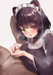 Rule 34 | 1boy, 1girl, animal ears, black hair, blush, breasts, censored, clothed female nude male, commentary request, cum, grey background, handjob, heart, heterochromia, highres, inui toko, inui toko (1st costume), large breasts, looking at viewer, maid headdress, mosaic censoring, nijisanji, nude, oggu (neoguloliko), open mouth, penis, red eyes, short hair, simple background, smile, solo focus, virtual youtuber, yellow eyes