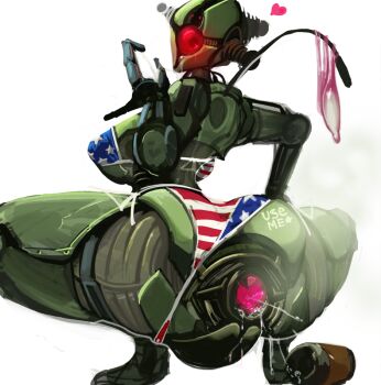 1girl american_flag american_flag_bikini american_flag_print android assaultron bikini body_writing condom cum dripping fallout fallout_4 flag_print flag_print_bikini heart looking_at_viewer looking_back print_bikini robot squatting swimsuit used_condom white_background xelvy
