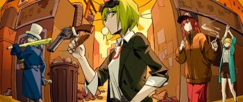 4girls alley aqua_eyes aqua_hair baseball_bat baseball_cap bead_necklace beads black_hat black_jacket blonde_hair blue_coat blunt_bangs brown_pants brown_shorts cigarette closed_eyes closed_mouth coat collared_shirt donut_hole_(vocaloid) dusk goggles goggles_on_head green_eyes green_hair gumi hashtag-only_commentary hat hatsune_miku highres holding holding_baseball_bat holding_cigarette holding_weapon jacket jewelry kagamine_rin long_hair long_sleeves medium_hair megurine_luka multiple_girls naked_jacket necklace open_clothes open_jacket pants poster_(object) red_eyes red_hair shirt shirt_tucked_in short_hair shorts sidelocks sleeves_rolled_up smile smoke top_hat trash trash_can two_side_up vocaloid weapon white_hat white_shirt wounds404